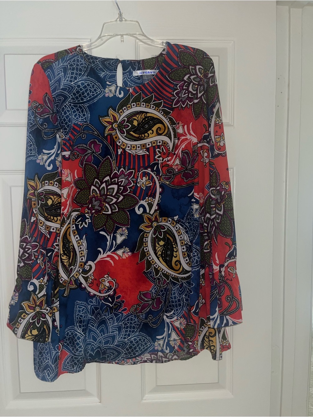 Printed Long-Sleeve Paisley Blouse in Navy & Red